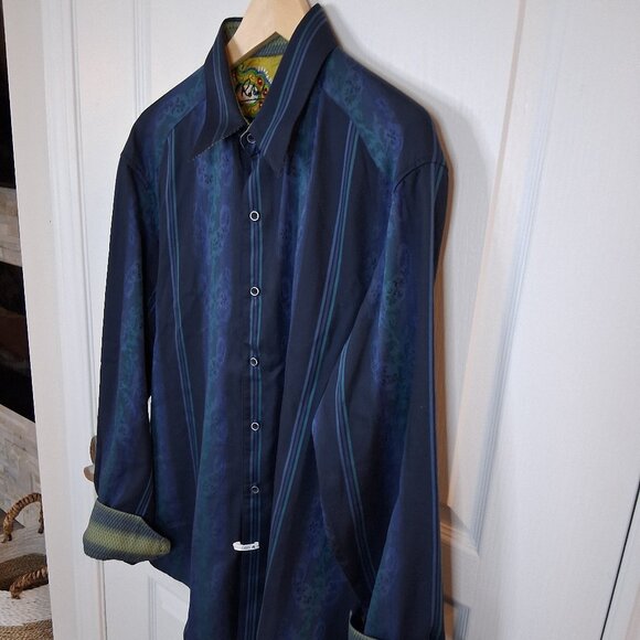 Robert Graham Paisley Printed Button Down Shirt Men Size Large Blue Flip Cuffs - Picture 2 of 6
